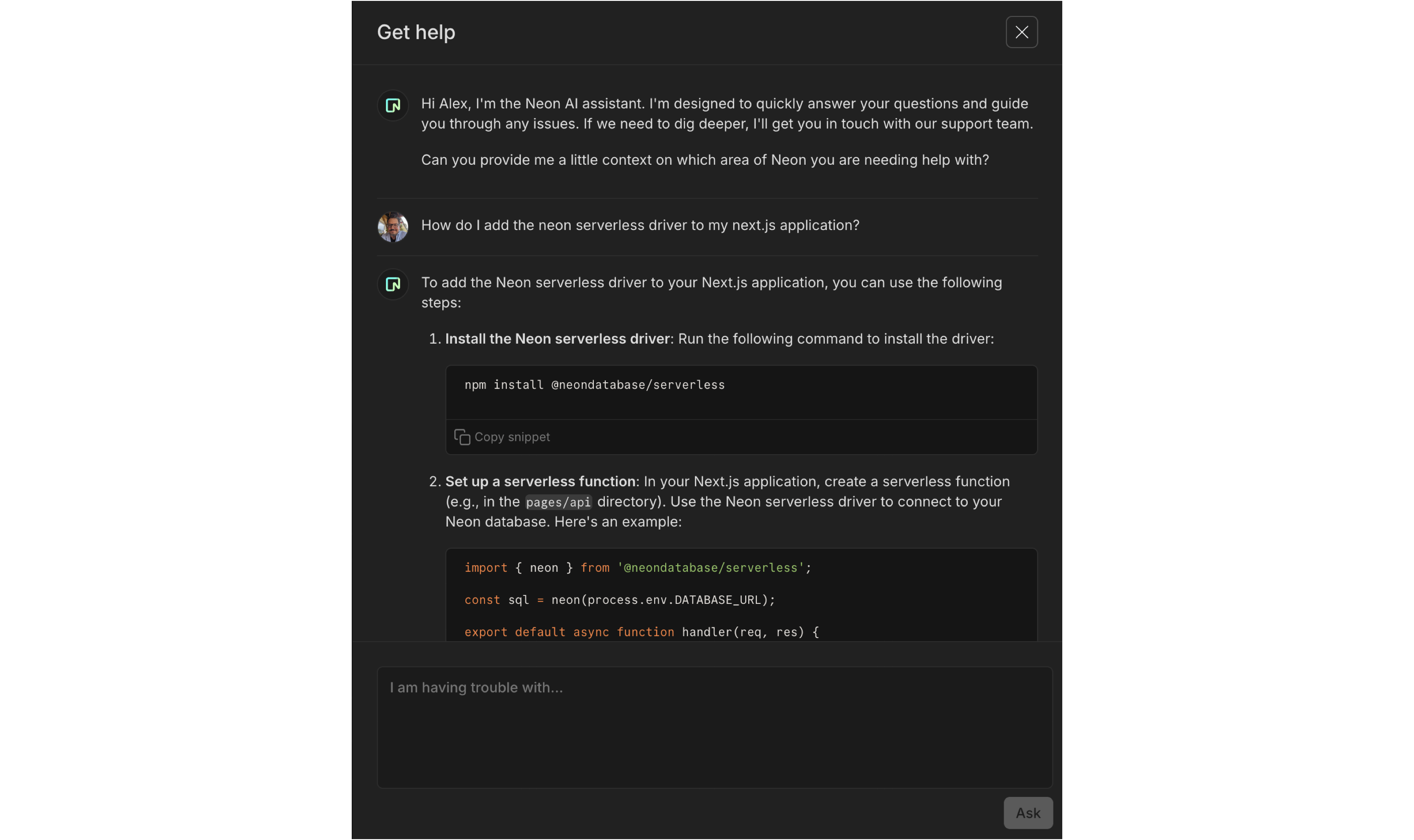 Neon AI Assistant in Console