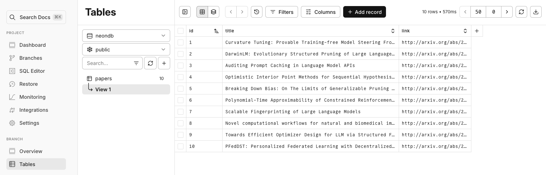 Output in Neon console