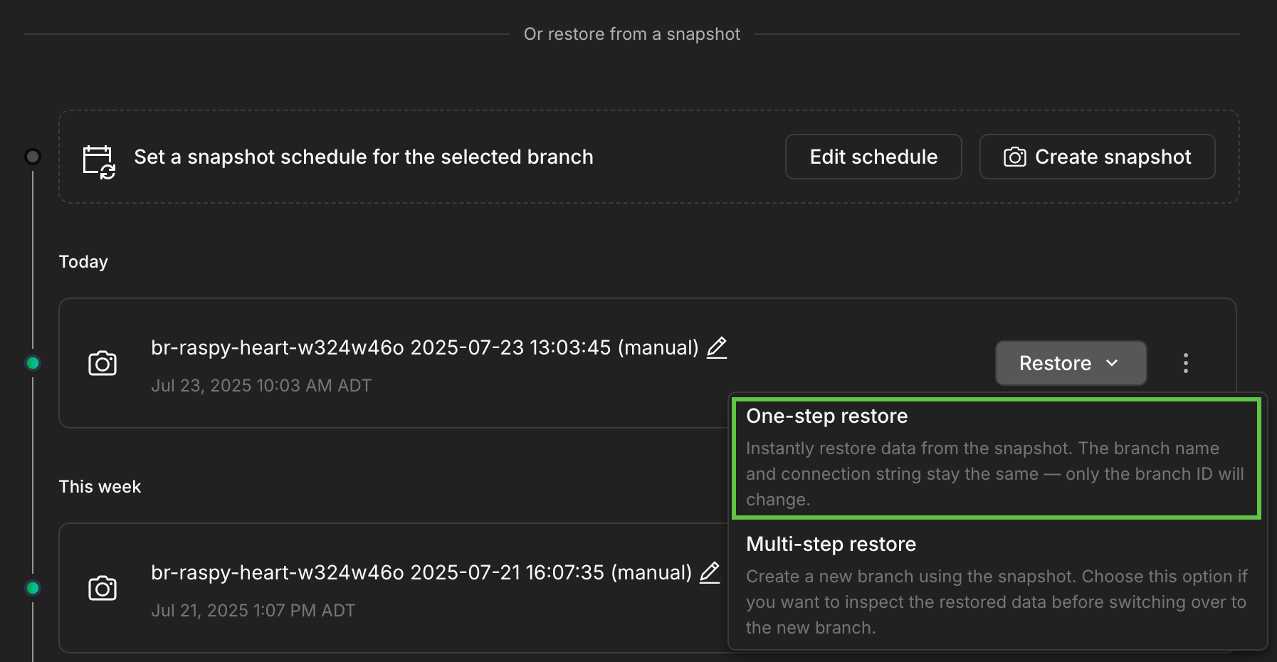 One step restore option