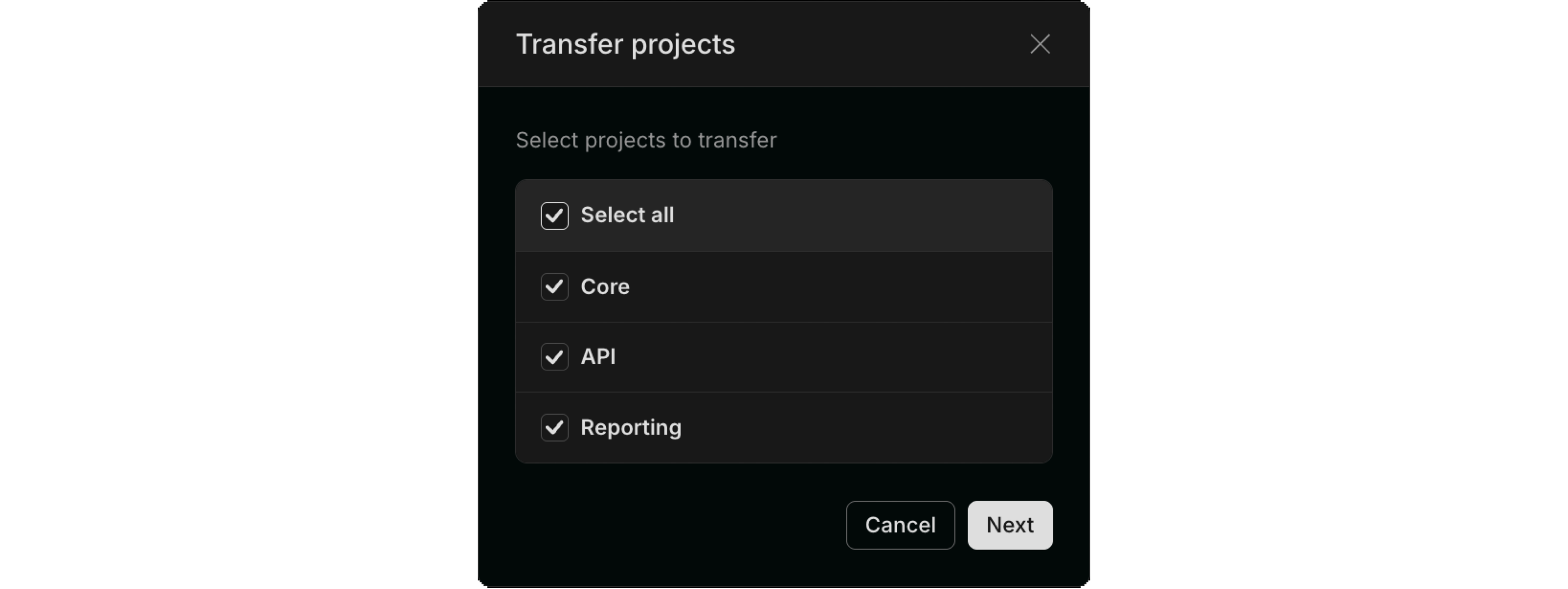 transfer mulitple projects from org settings