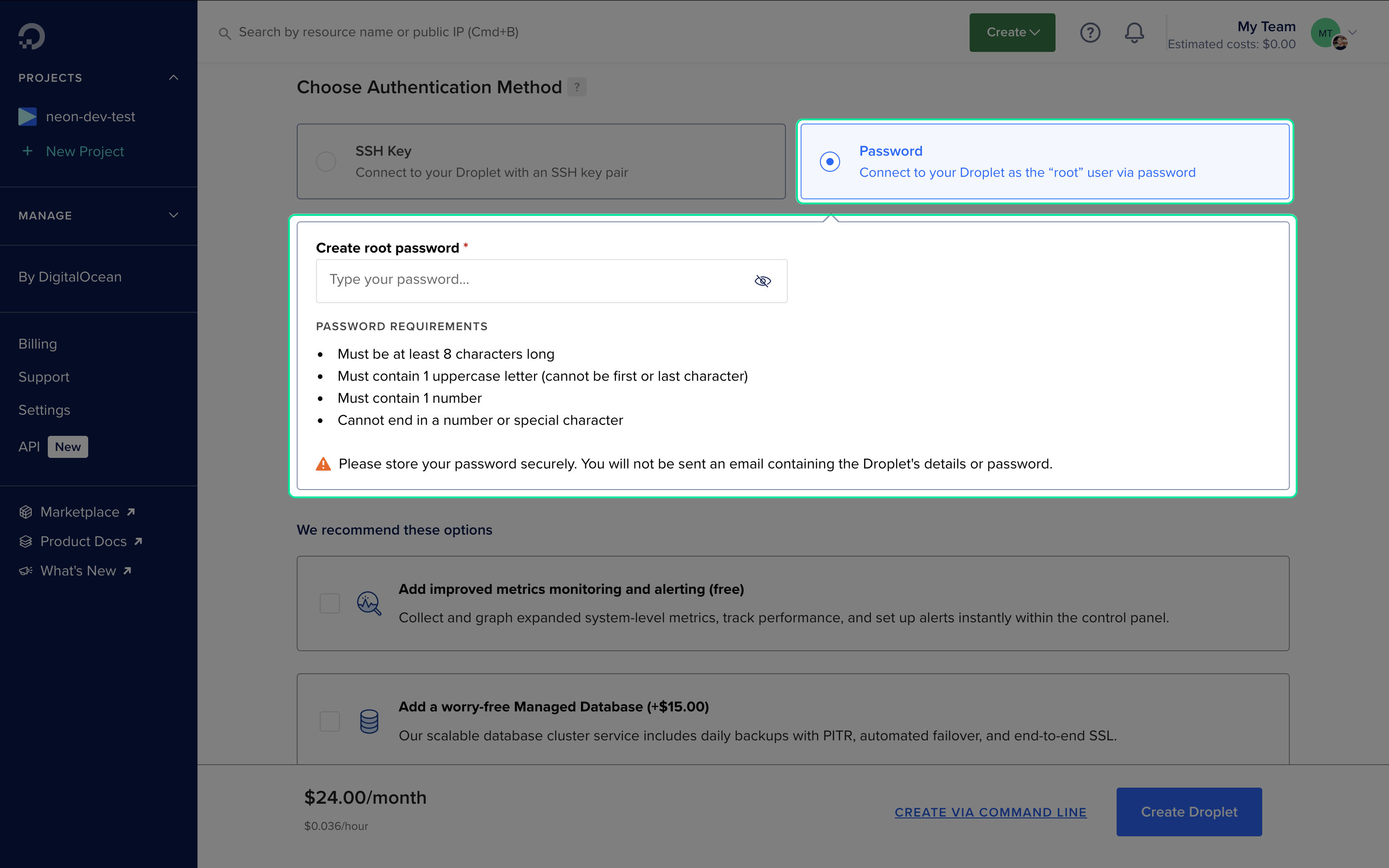 Screenshot of Digital Ocean Droplet Config - Auth Method
